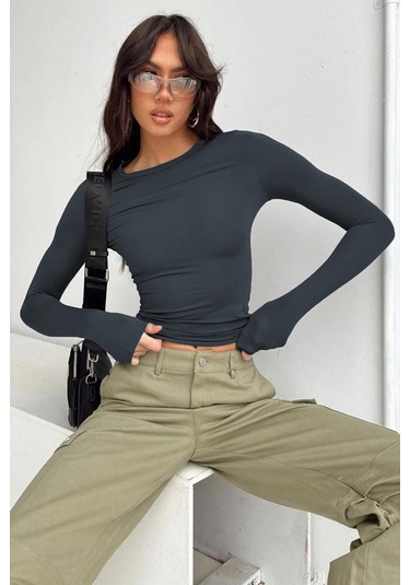 Madmext Füme Bisiklet Yaka Basic Uzun Kollu Body Mg1701-füme Füme