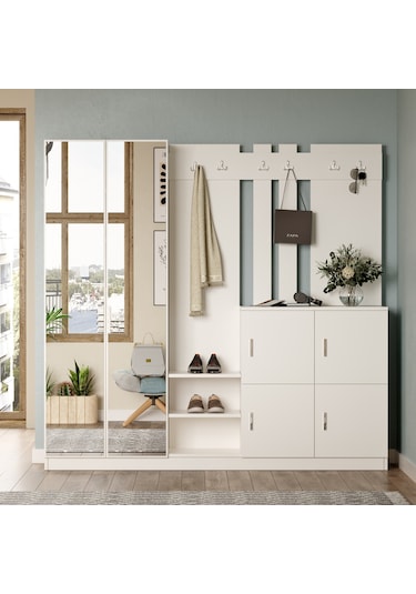 Robin Home Nova Aynalı Vestiyer Portmanto Ayakkabılık Beyaz