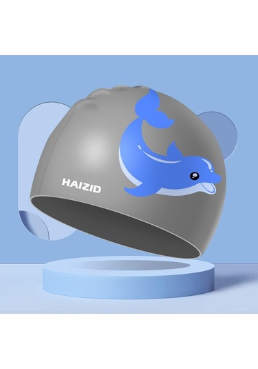 Gri Çocuk Yüzme Kapakları Kız Erkek Sevimli Karikatür Yunus Uzun Saç Çocuklar İçin Dayanıklı Silikon Su Geçirmez Elastik Yüzmek Kapakları Gri