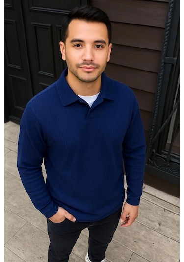 Erkek Fitilli Polar Sweatshirt Düğmesiz Polo Yaka, Oversize Rahat Kalıp, Kalın Polar Kumaş, Kışlık Lacivert