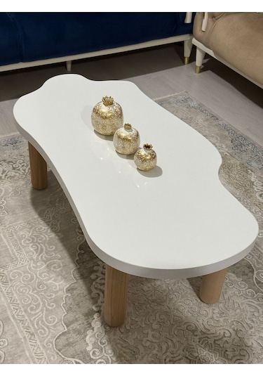 Asimetrik Bulut Model 120x60 Cm Kalın Kenarlı Orta Sehpa Beyaz