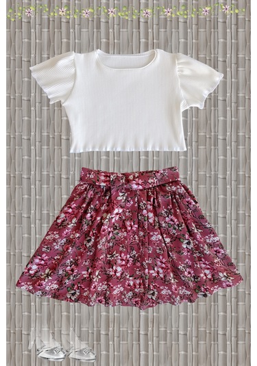 Çocuk Etekli Crop Takım, Çiçekli Gülkurusu Etek - Ekru Crop Ekru -gulkurusu1 Ekru - Gülkurusu