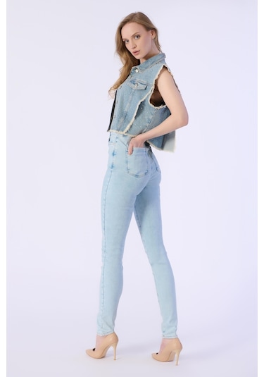 Taşlı Sıfır Kol Püsküllü Denim Ceket-a.mavi Açık Mavi