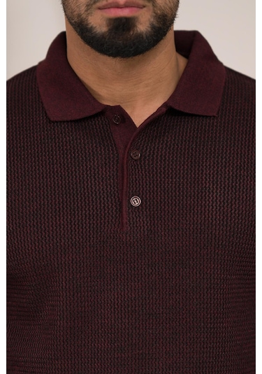 Woolen World Polo Yaka Armürlü Yünlü Erkek Triko Kazak Bordo