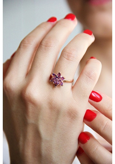 925 Ayar Gümüş Rose Mor Lotus Çiçeği Yüzük - 34023301