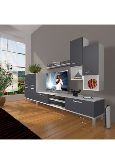 Decoraktiv Eko 6da Mdf Dvd Krom Ayaklı Tv Ünitesi Tv Sehpası Beyaz - Antrasit
