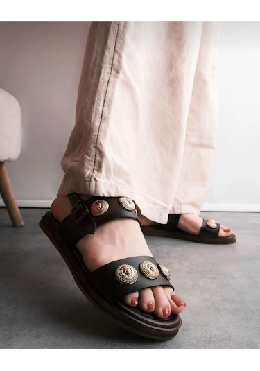 Düz Taban Bodrum Sandaleti Leather Sandal Kahverengi
