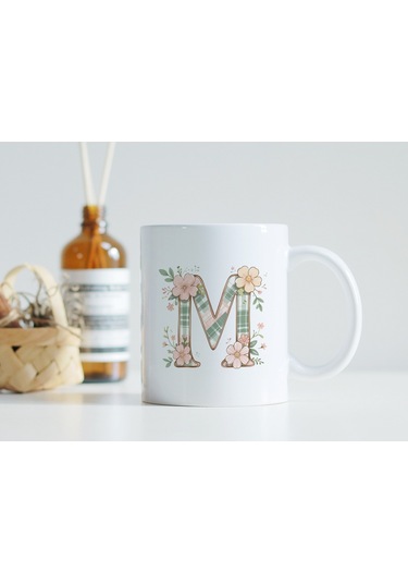 M Harfli Çiçek Desenli Kupa Bardak - Ekose Desenli Yeşil Pembe Desenli Tasarım - Kişiye Özel Hediye Beyaz