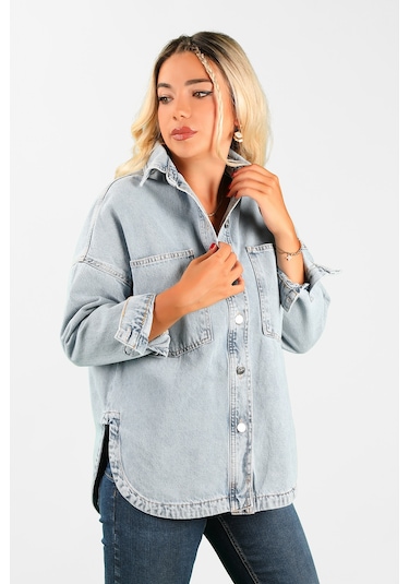 Oversize Kadın Jean Ceket Effect Mavi