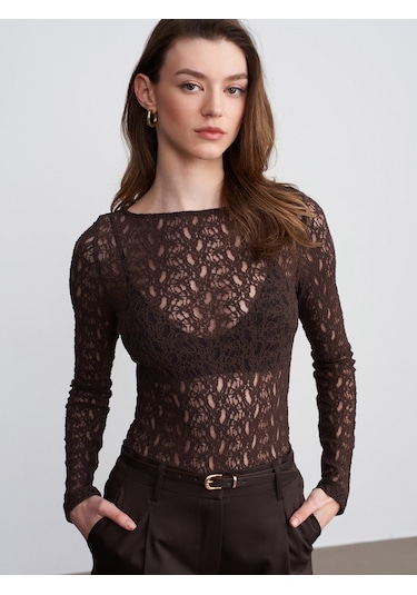 Dilvin 32763 Kayık Yaka Dantel Top-koyu Kahve