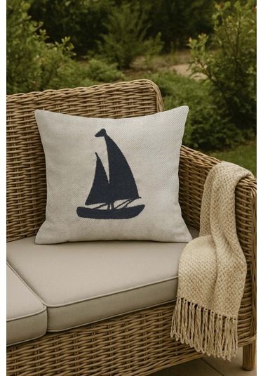 Lacivert Yelkenli Hasır Görünümlü Dokuma Punch Kırlent Kılıfı Ekru