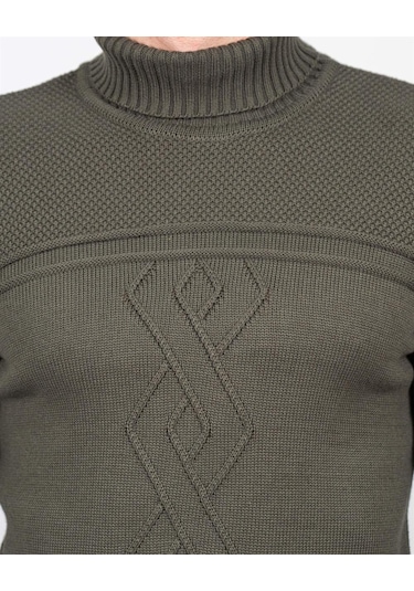 Erkek Tam Boğazlı Örgü Desenli Slim Fit Kazak Ncs Jeans 3659-Haki