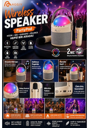 Partypod Bluetooth 5.3 Destekli Çok Fonksiyonlu Kablosuz Hoparlör