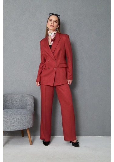 4 Düğmeli Kruvaze Yünefekt Takım Kırmızı Kırmızı