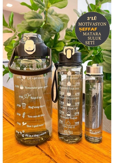 3'lü Şeffaf Motivasyonel Su Matarası Su Şişesi Taşınabilir Matara Stickerlı Suluk Seti Çok Renkli