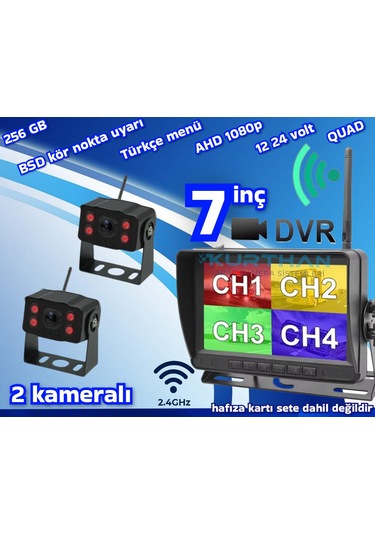 2 Adet Kablosuz Kamera Ahd 1080p 7 İnç Dvr Monitör Bsd Kör Nokta Sistemli 12 24 V
