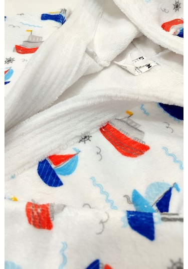 Sea Ship Dijital Baskılı Çocuk Bornozu Mavi - Beyaz