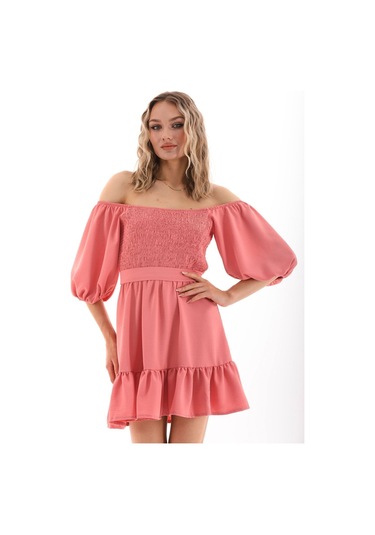 Kallima Fırfırlı Diz Üstü Balon Kol Pudra Aerobin Elbise - 90 Cm