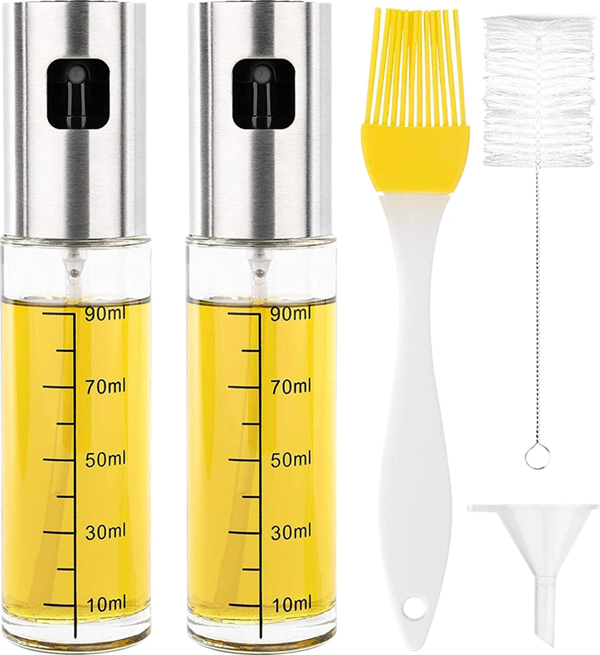 Youmex 5 Parça Set: 2 Adet 304 Çelik 100ml Basma Yağ Spreyi + Yağ Fırçası + Huni + Temizlik Fırçası - Salata, Barbekü, Pişirme İçin Lekesiz Ve Transparent Çok Renkli