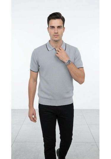Plus Scorpion Erkek Pike Dokulu Triko Polo Yaka Tişört Slim Fit Şerit Detaylı Yazlık Model Gri