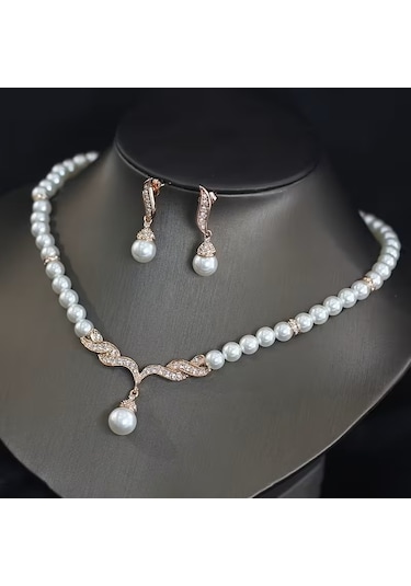 İnci Moda Kolye, Küpe Set, Nişan Düğün Özel Gün Sevgililer Günü Altın