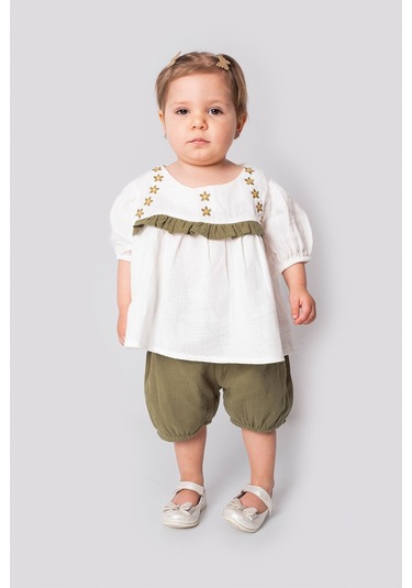 Marvello 18 - 24 Aylık Kız Bebek Roba Nakışlı Müslin Ikili Takım %100 Pamuk Yazlık Bluz Ve Şort Çok Renkli