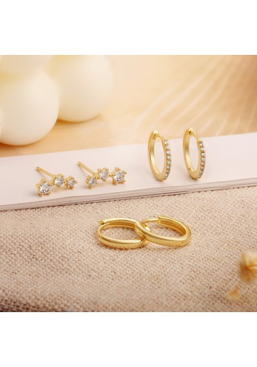 Kangvka Kadınlar İçin 14k Altın Kaplama Zirkon Taşlı 3 Çift Set: Dairesel Ve Taca Stilleriyle Çeşitli Renk Seçenekleri Gold