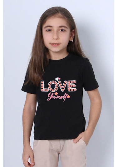 Hçm Kız Çocuk Tshirt Love Baskılı Bisiklet Yaka D28 Siyah