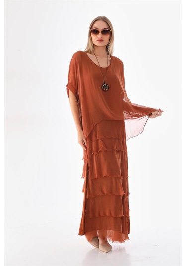 İtalyan 2 Beden İnce Gösteren Yarım Kol Kat Kat Ipek Elbise Tarçın