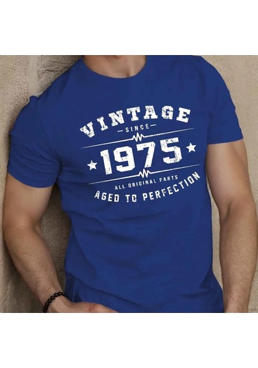 Guılan Erkek 1975 Baskılı %100 Pamuklu Büyük Boy Yuvarlak Yakalı Kısa Kollu Tişörtroyal Blue Royal Blue