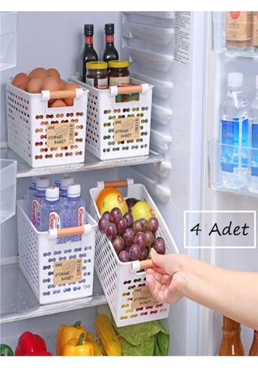 Bayev 4 Adet Beyaz Ahşap Renk Saplı Buzdolabı Mutfak Düzenleyici Banyo Düzenleyici Organizer Sepet Beyaz