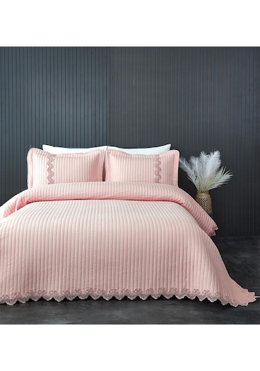 Evlen Home Mihrimah Dantelli Lüks Yatak Örtüsü Seti Çift Kişilik %100 Pamuklu Şık Zarif Yumuşak Dokulu Pudra