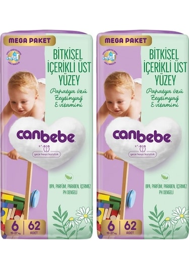 Canbebe Bebek Bezi Mega Paket 6 Beden Xl 15-27kg 62 Li X 2 Ade PKT 2'li