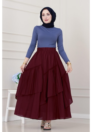 Sevitli Katlı Botto Vual Etek-bordo-5306 Bordo