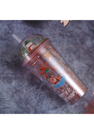 500ml Noel Baba Karikatür Taşınabilir Plastik Kupa Çift Mikro Peyzaj Suyu Kupası Style 2 , Size:with Straw Style 2 Siyah