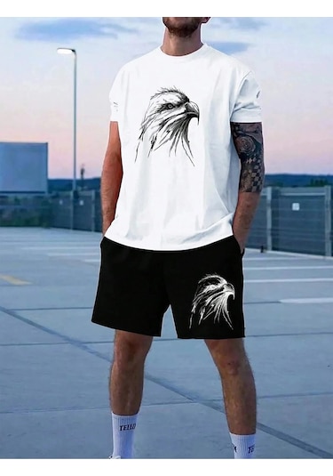Hırsch Unisex Beyaz T-shirt Siyah Şort Alt Üst Kartal Baskılı Takım Beyaz