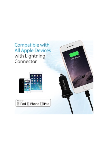 Promate iPhone Lightning Araç Çakmak Şarj Cihazı MFI Onaylı Siyah