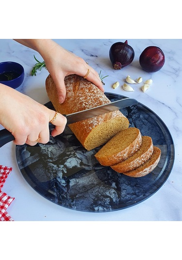 Kanallı Cam Kesme Tablası | Doğal Taş Desenli | Çap32cm