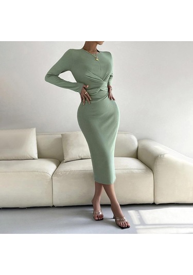 Hnxc Kadın Moda Yaz Bahar Düz Renk Baskı Uzun Kollu O-boyun Yüksek Bel Günlük Elbiseler Açık Yeşil