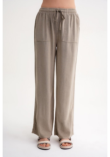 4629 Kadın Bol Paça Yüksek Bel Viskon Palazzo Pantolon Toprak Toprak
