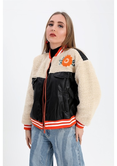 Beli Lastikli Nakışlı Derili Peluş Ceket Mont - Siyah-siyah Siyah