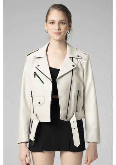 Bej Dericlub Wm021 Gerçek Deri Biker Kadın Deri Mont