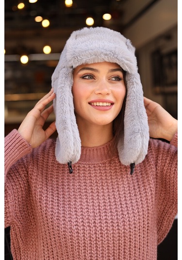 Çıtçıtlı Kürklü Kulaklıklı Peluş Bere Şapka Rkş-03 Gri Gri