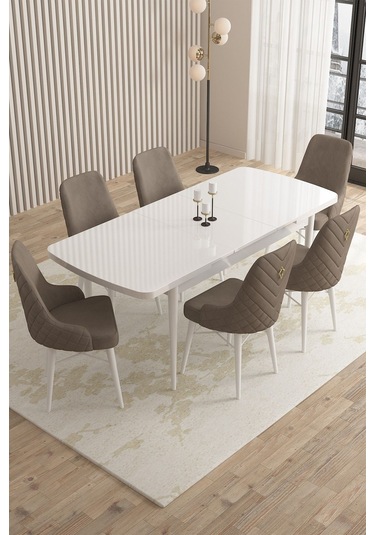 Mazaka Beyaz 80x132 Açılabilir Mdf Masa Yemek Odası Takımı, Mutfak Takımı 6 Adet Sandalye Cappucino Mazaka Beyaz 80x132 Açılabilir Mdf Masa Yemek Odası Takımı, Mutfak Takımı 6 Adet Sandalye Cappucino