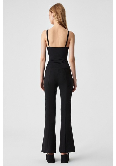 GRIMELANGE Efılıus Kadın Slim Geniş Paça Fermuarlı Siyah Pantolon Siyah