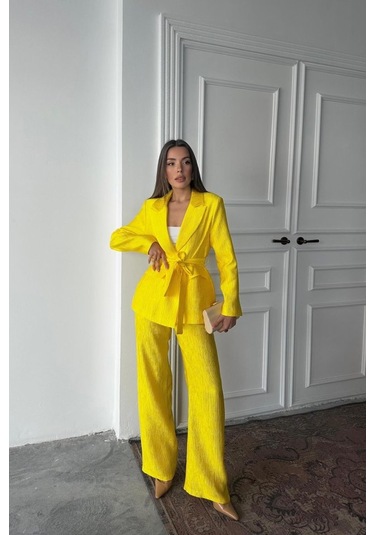 Neon Beli Kuşaklı Ceket Ve Pantolon Parlak Takım Neon