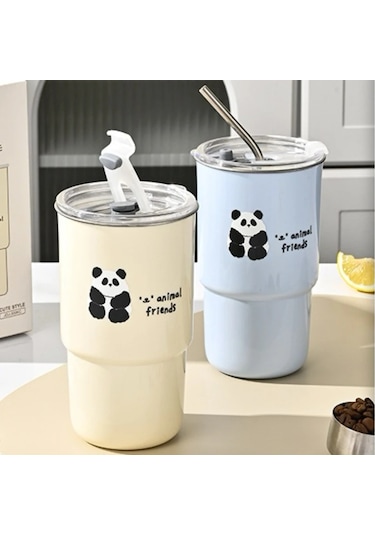 600 Ml 304 Paslanmaz Çelik Saman Bardak Araba Eşlik Eden Su Kapaklı Bardak Beigepanda Bej