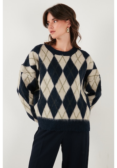 Lela Oversize Fit Bisiklet Yaka Baklava Desenli Yumuşak Dokulu Bayan Kazak 4616223 Lacivert