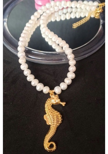 24k Altın Kaplama Gerçek İnci Deniz Atı Detaylı Tasarım Kolye Bey