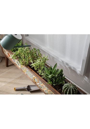 Halohope El Yapımı Ayaklı 10 Çinili Dekoratif Modern Ahşap Dikdörtgen Bahçe Balkon Saksı Saksılık Çiçeklik